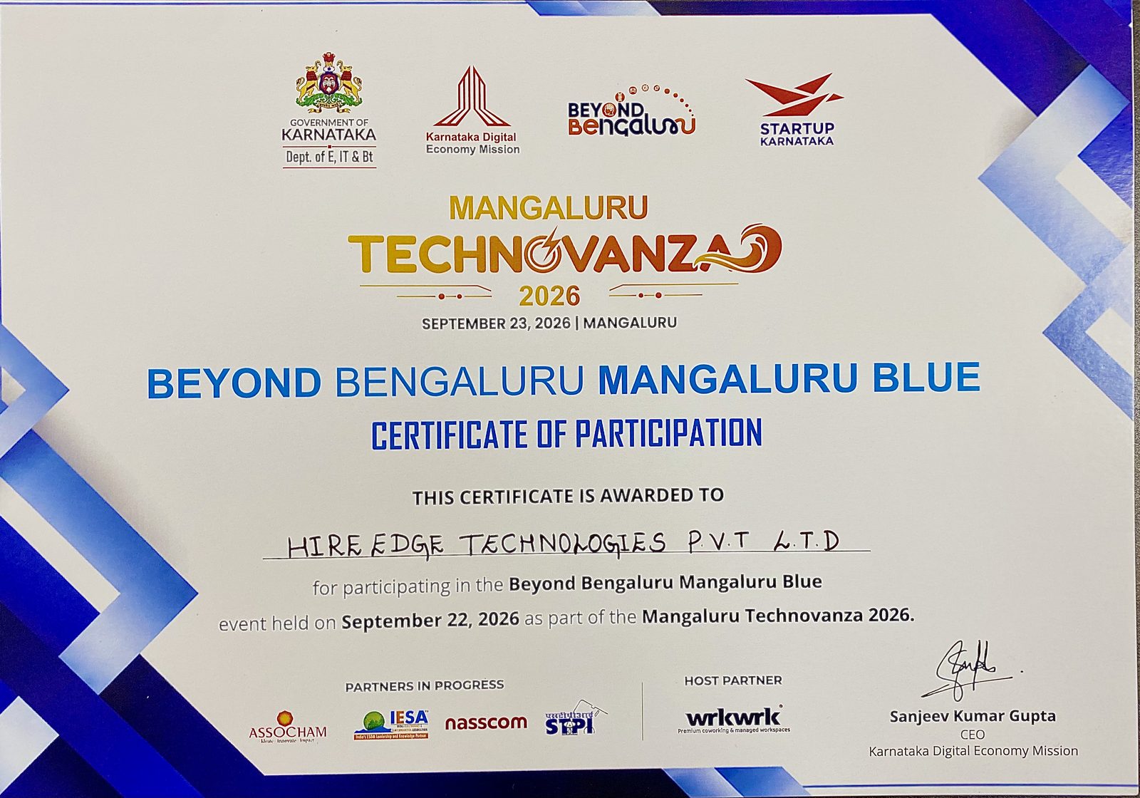 Beyond Bengaluru Mangaluru BLUE 2026 certificate awarded to HireEdge Technologies