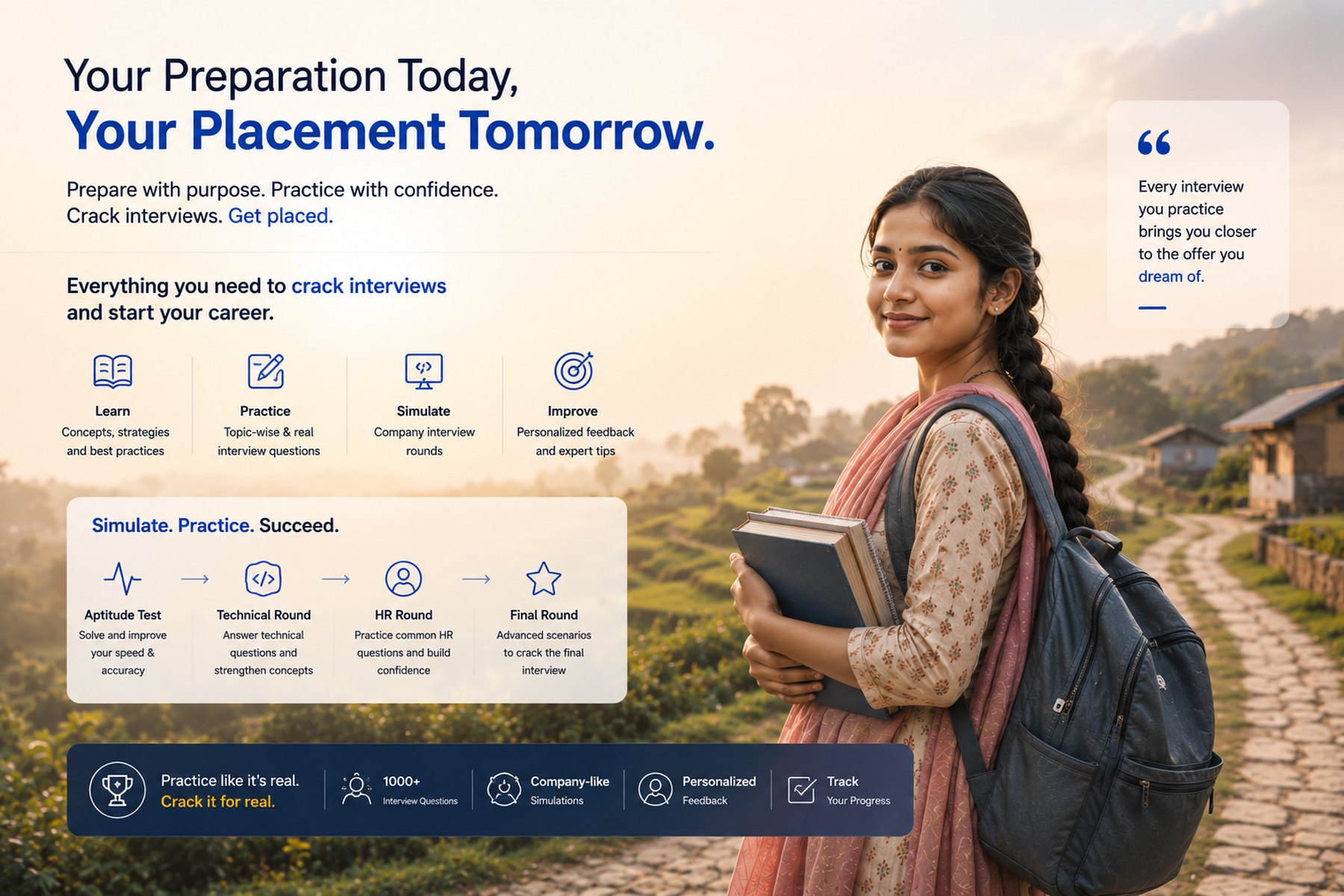 Your preparation today, your placement tomorrow. Learn, practise,
                      simulate and improve - aptitude, technical, HR and final rounds,
                      with company-like simulations and personalised feedback.
