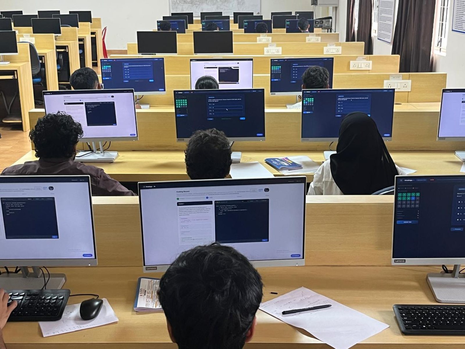 A full batch of students sitting a HireEdge round together in a college computer lab